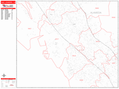 San Leandro Wall Map Zip Code Red Line Style 2024